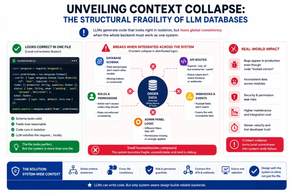 The AI Developer Delusion: Why ChatGPT Cannot Architect Your App Backend 1 AI-generated app backend context collapse showing broken database, API, webhook, and permission connections