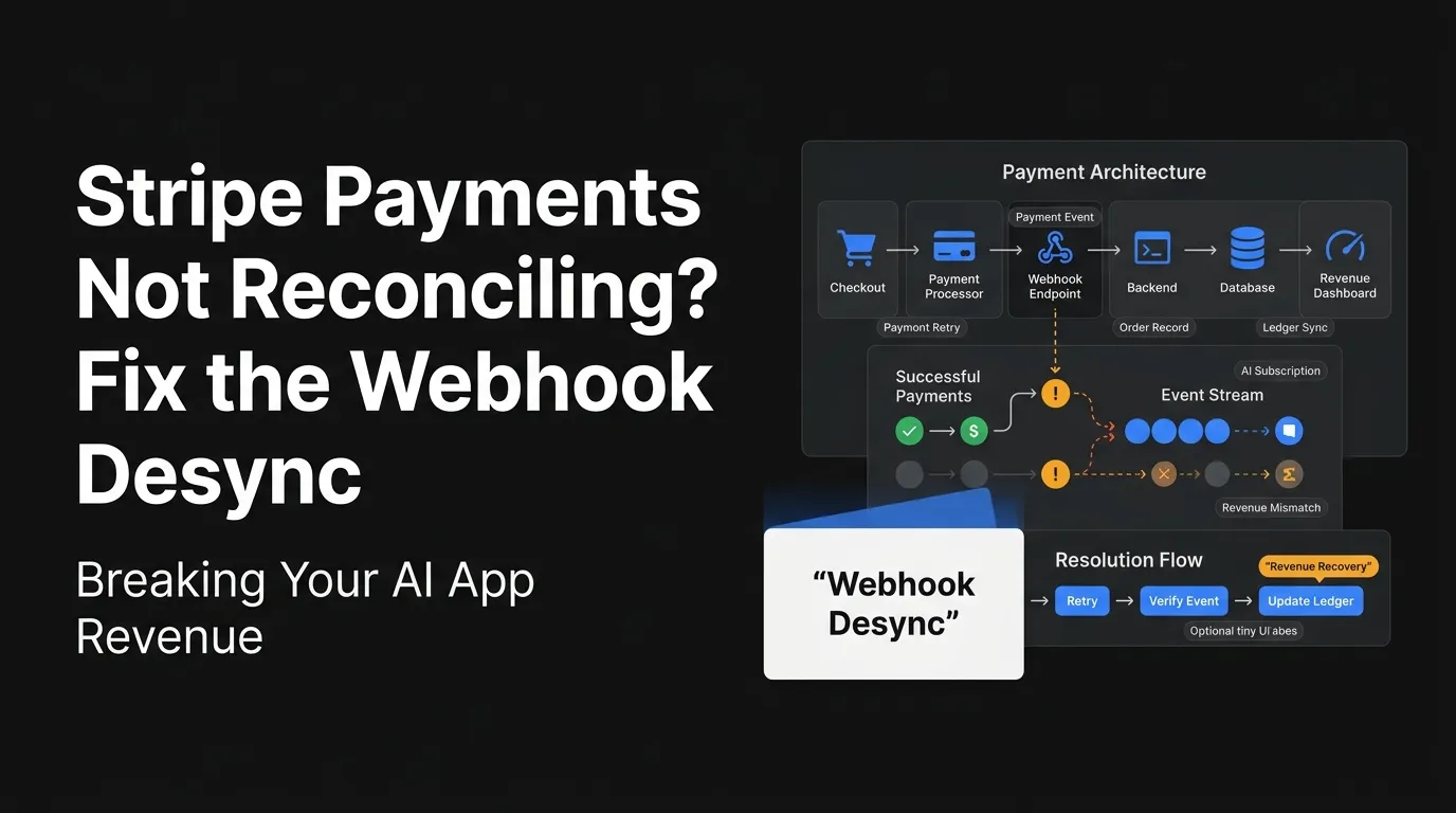 Stripe payment reconciliation featured image showing checkout, payment processor, webhook endpoint, backend, database, revenue dashboard, payment event failure, order record mismatch, webhook desync, retry flow, event verification, ledger update, and AI app revenue recovery.