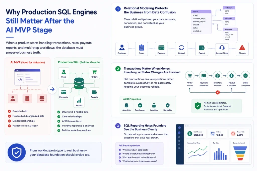 Scaling Beyond the Prompt: AI Toy Databases vs. Production SQL Engines 2 Production SQL engine comparison showing relational modeling, ACID transactions, reporting, and scalability after the AI MVP stage