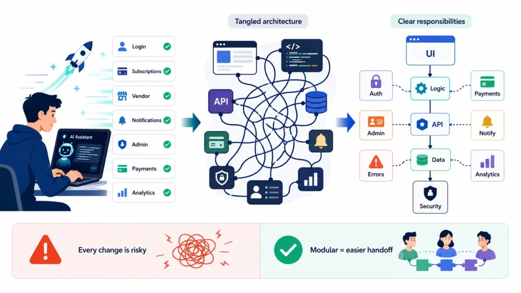 AI app architecture infographic showing a founder launching an app with login, subscriptions, vendor, notifications, admin, payments and analytics, then comparing tangled architecture with clear modular responsibility across UI, auth, logic, payments, admin, API, notifications, errors, data, analytics and security.