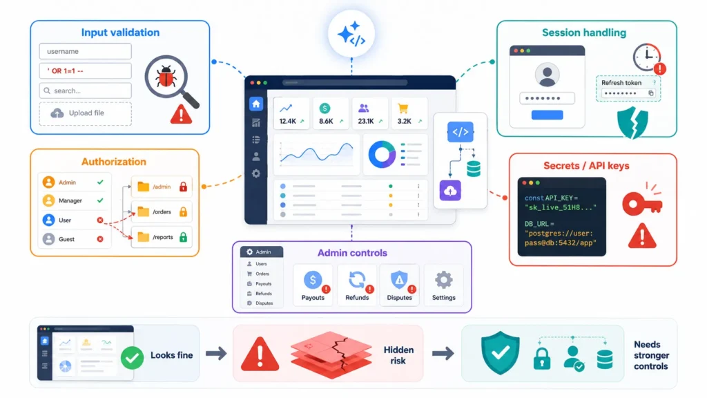 AI app security infographic showing input validation risks, authorization gaps, session handling issues, exposed secrets, API keys, admin controls, SQL injection, file upload risk, user roles, hidden security flaws, and secure app protection layers.