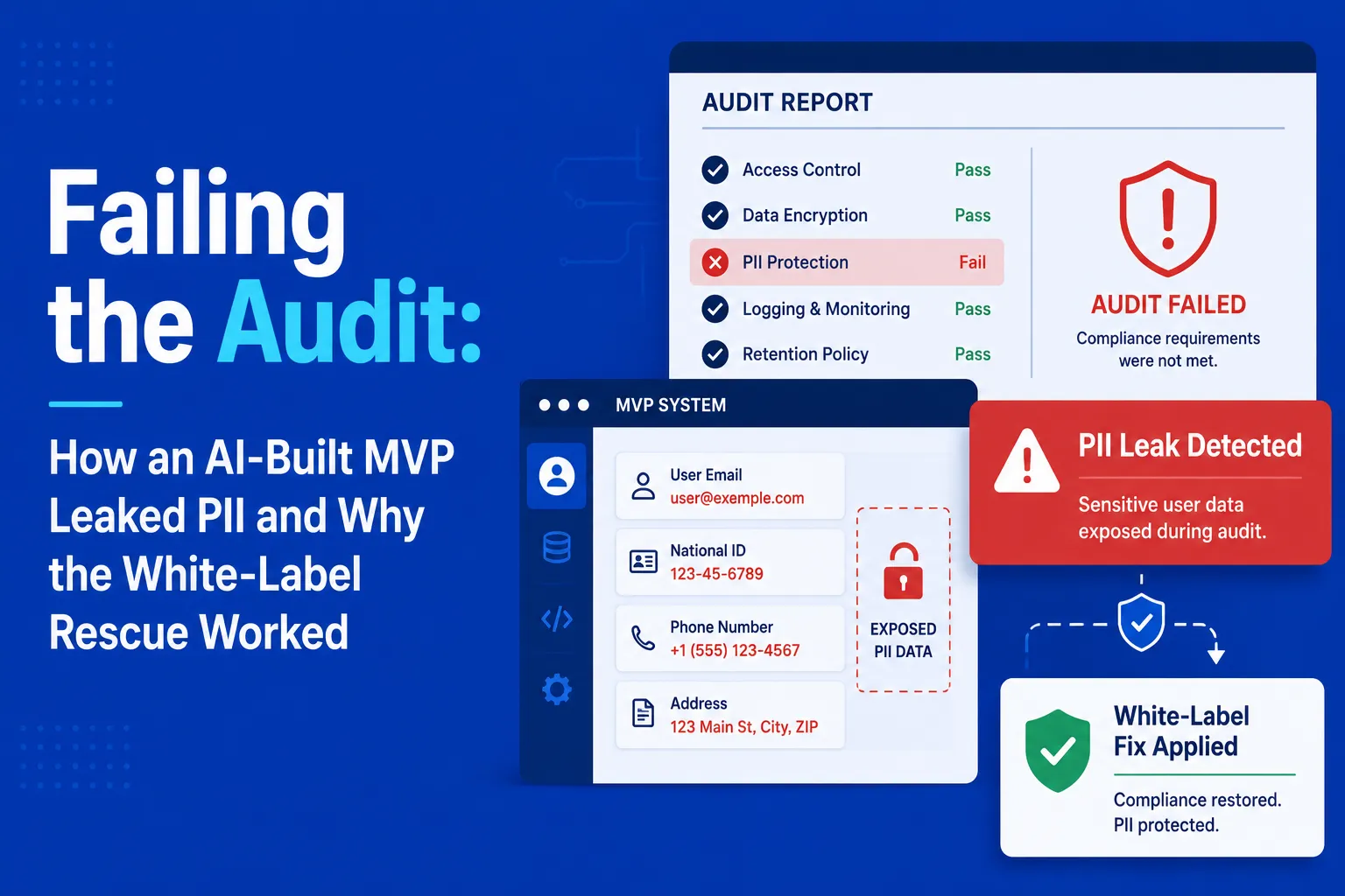 Audit report showing an AI-built MVP compliance failing PII protection with exposed user data and a white-label fix applied