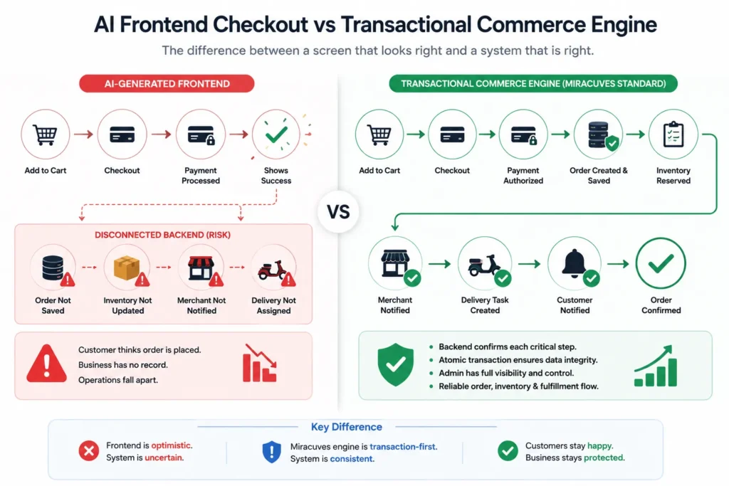 The Silent Checkout Crash: Why AI Frontends Lie to Your Database 3 AI-generated checkout compared with a transactional commerce engine for ecommerce and delivery apps