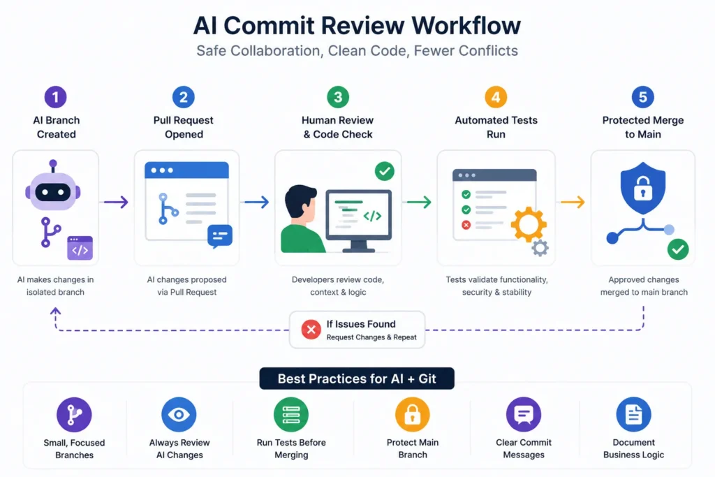 The Auto-Commit Disaster: Managing Git Conflicts in AI-Generated Repos 3 AI commit review workflow showing branch, pull request, human review, testing, and protected merge