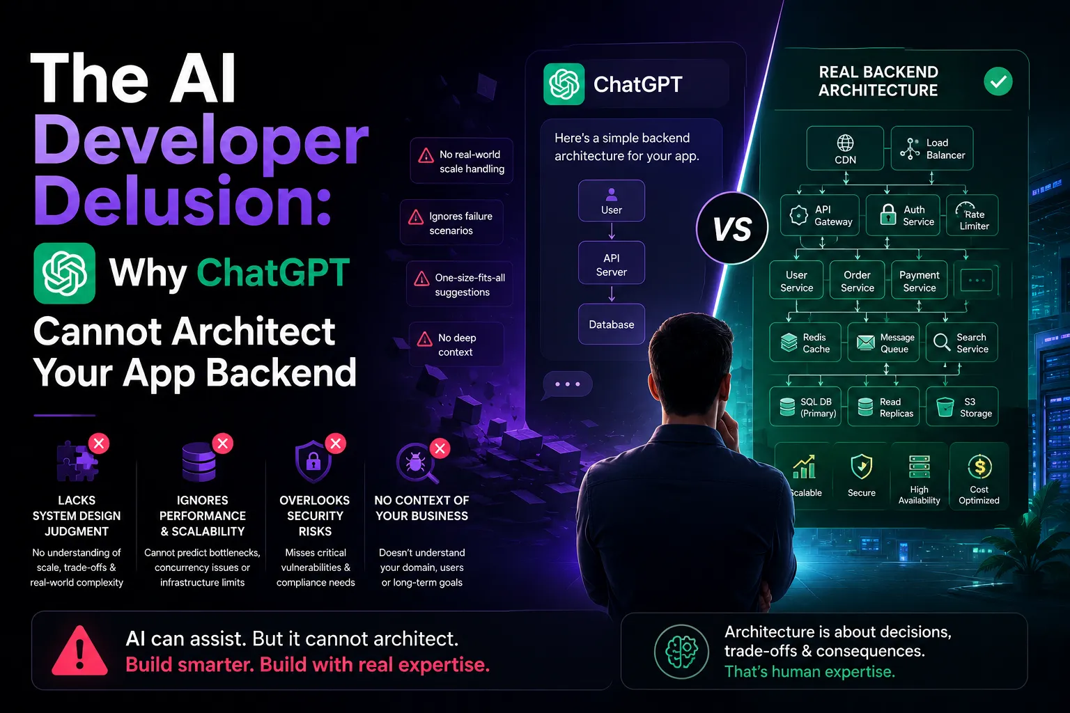 AI-generated app backend limitations showing ChatGPT prompt code versus structured production backend architecture