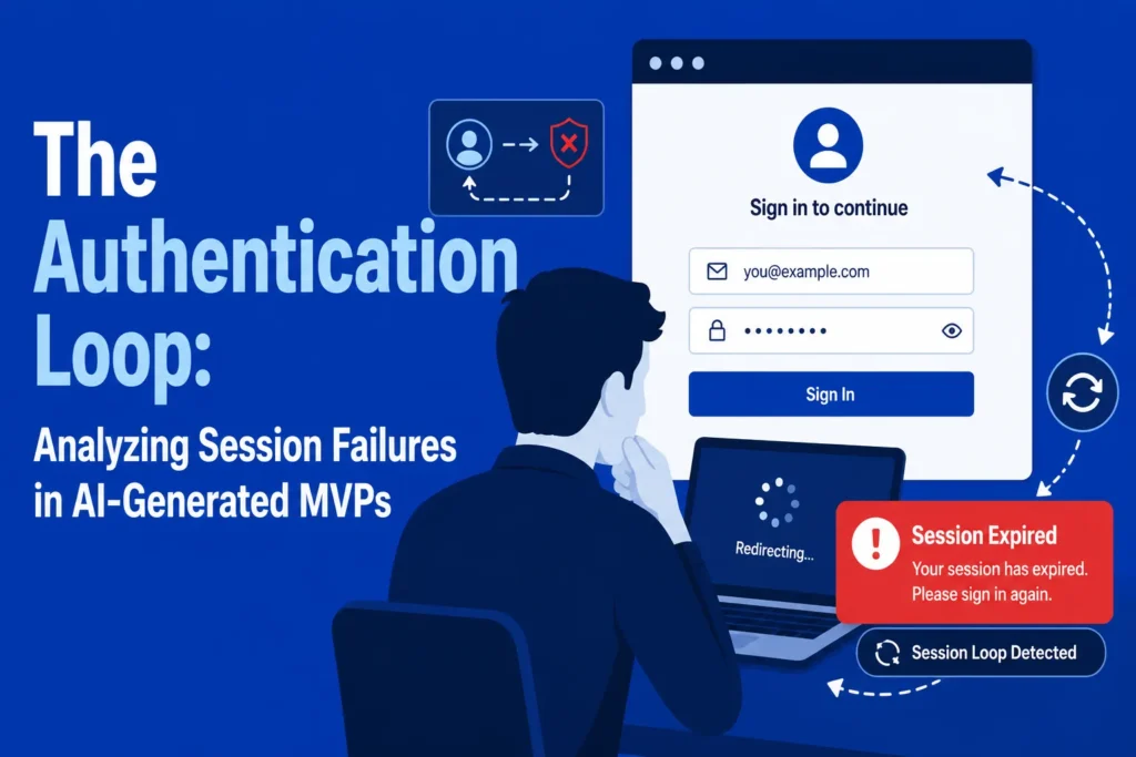 AI-generated authentication failures showing JWT token expiry, session desync, and login loop errors in an app dashboard.