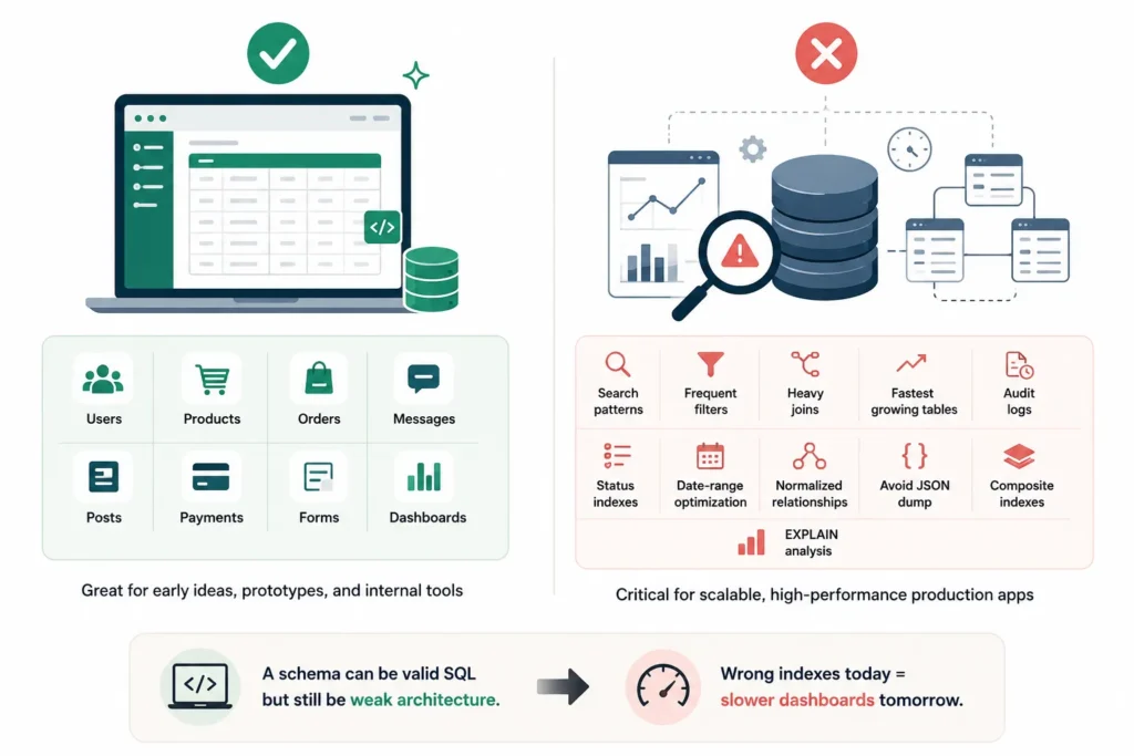 AI-generated database schema infographic showing simple prototype tables for users, products, orders, messages, posts, payments, forms and dashboards compared with production database needs like indexes, search patterns, joins, audit logs, date-range optimization, normalized relationships, composite indexes and EXPLAIN analysis.