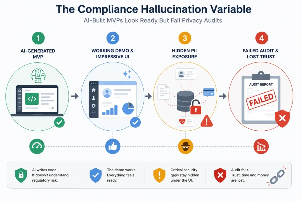 Failing the Audit: How an AI-Built MVP Leaked PII and Why the White-Label Rescue Worked 1 Diagram showing how an AI-generated MVP can look functional while hiding PII exposure and failed compliance controls
