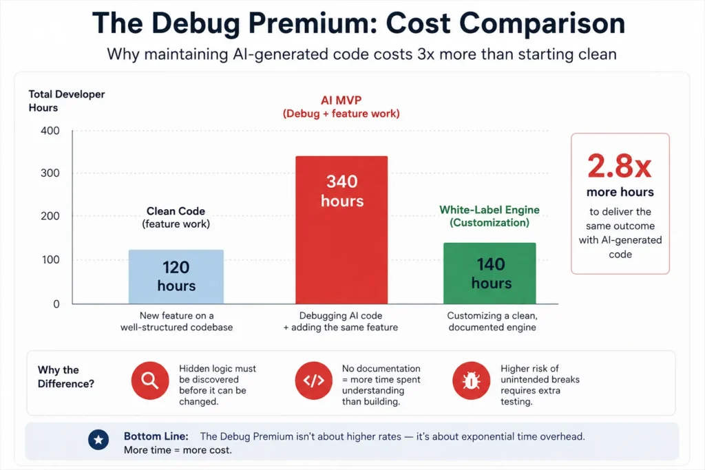 The Debug Premium: Why Agencies Charge 3x More to Touch AI-Generated Code 2 AI-generated code maintenance cost comparison showing the Debug Premium between clean code, AI MVP debugging, and white-label engine customization