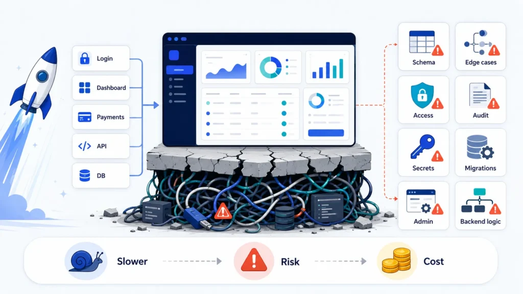 Fix vs. Rebuild: The Ultimate Decision Framework for AI-Built Startups 1 AI MVP technical debt infographic showing a fast launch with login, dashboard, payments, API and database features built quickly, but hidden tangled architecture underneath causing slower performance, risk, schema issues, edge cases, access problems, audit gaps, secrets exposure, migrations and backend logic failures.