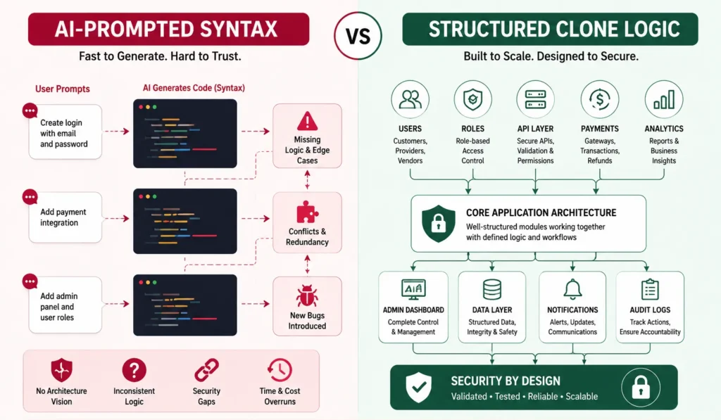 Security Showdown: AI-Prompted Syntax vs. Pre-Compiled Clone Logic 1 AI-generated syntax compared with structured clone app architecture