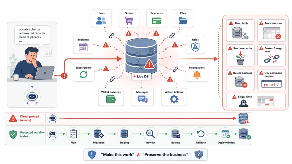 The Migration Disaster: How a Simple AI Prompt Deleted a Production Database 1 AI database schema risk infographic showing a founder prompting schema changes, live production database connected to users, orders, payments, files, bookings, roles, subscriptions, notifications, wallet balances, messages, and admin actions, with risks such as dropped tables, truncated rows, seed overwrite, broken foreign keys, deleted backups, dev commands on production, and fake data generation.