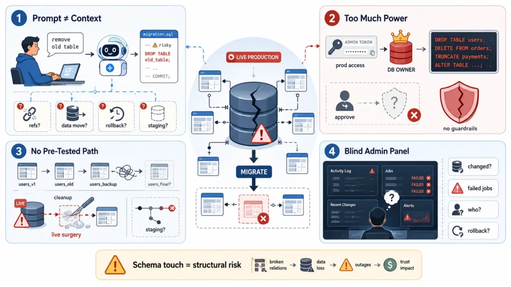 The Migration Disaster: How a Simple AI Prompt Deleted a Production Database 2 AI schema migration risk infographic showing prompt context, risky migration SQL, live production database, excessive admin power, database owner access, missing guardrails, no pre-tested migration path, blind admin panel, failed jobs, unclear rollback, and structural database risk.
