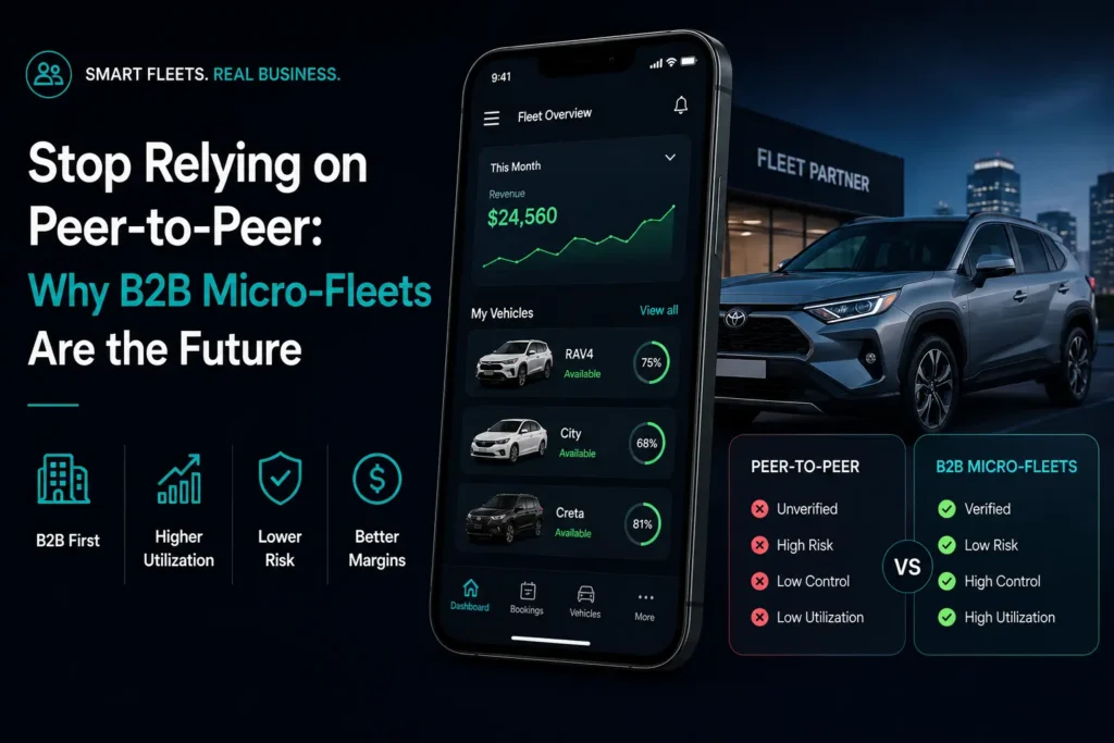 B2B micro-fleets featured image showing a fleet management mobile dashboard, verified vehicle availability, fleet partner location, peer-to-peer versus B2B micro-fleet comparison, higher utilization, lower risk, better margins, and stronger control.