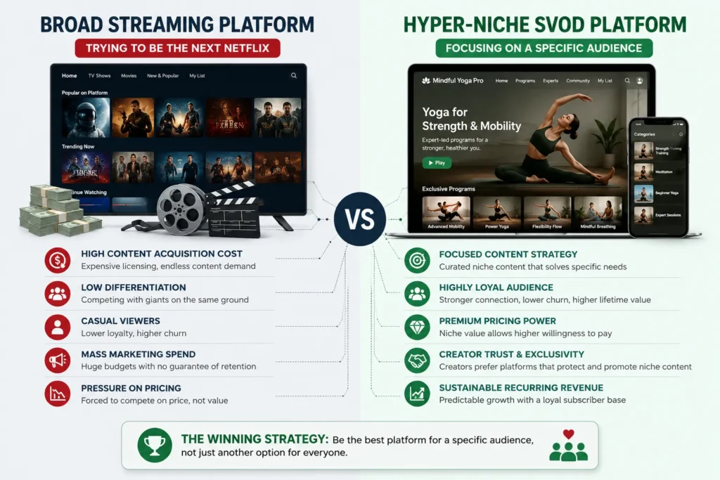 Broad streaming platform compared with a hyper-niche SVOD platform strategy