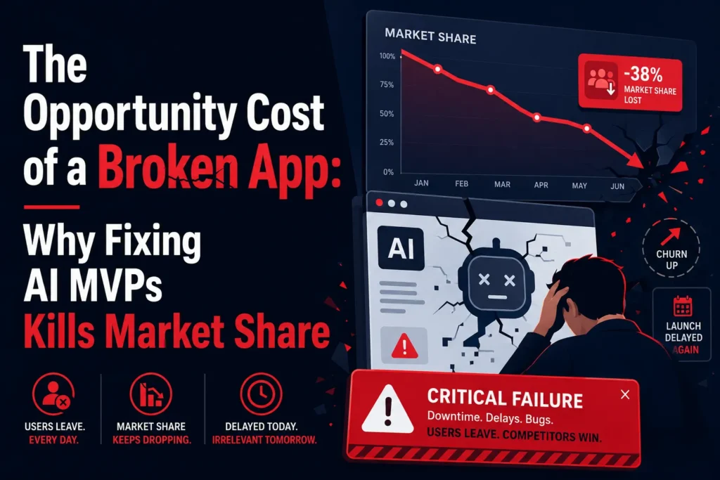 Founder calculating the opportunity cost of a broken AI MVP while competitors capture market share