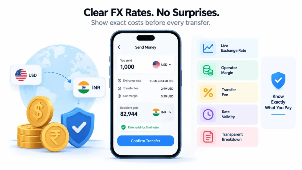 Cross-border payment platform showing transparent FX rates, transfer fees, operator margin, recipient amount, and rate validity