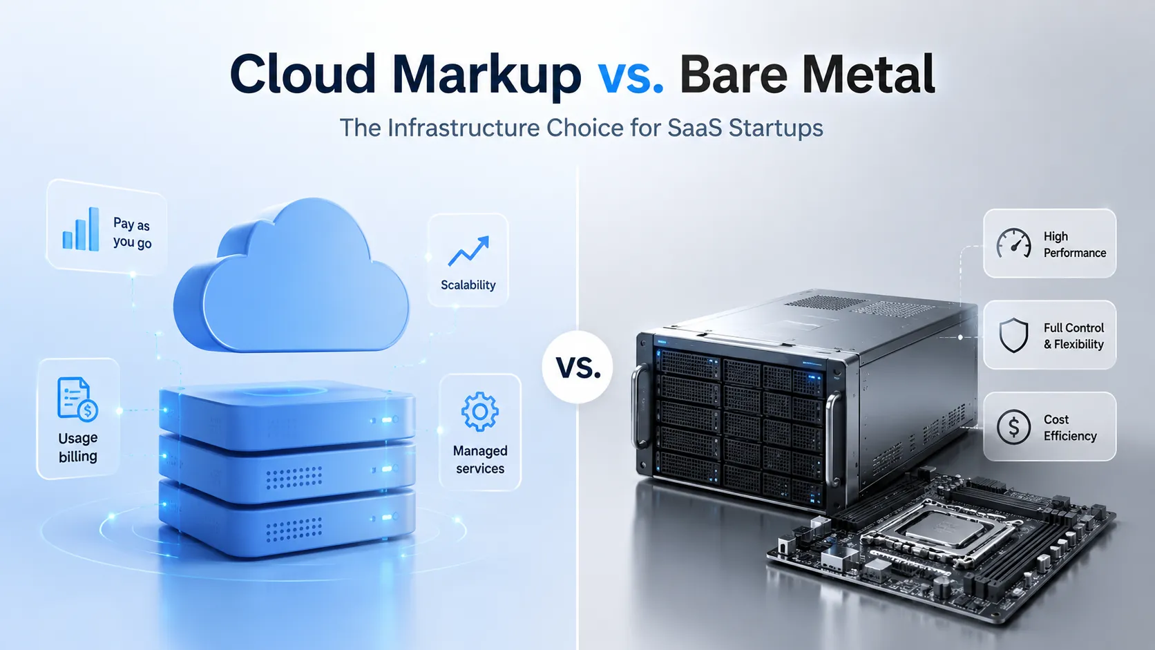 Cloud markup vs bare metal infrastructure comparison for SaaS startups covering scalability, usage billing, managed services, performance, control, and cost efficiency