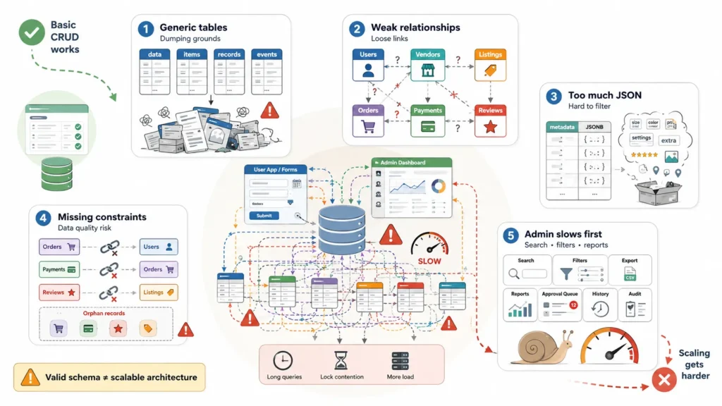 AI database schema infographic showing common production mistakes including generic dump tables, weak relationships, too much JSON, missing constraints, slow admin queries, tangled database relationships, long queries, lock contention, orphan records, and scalability warnings.