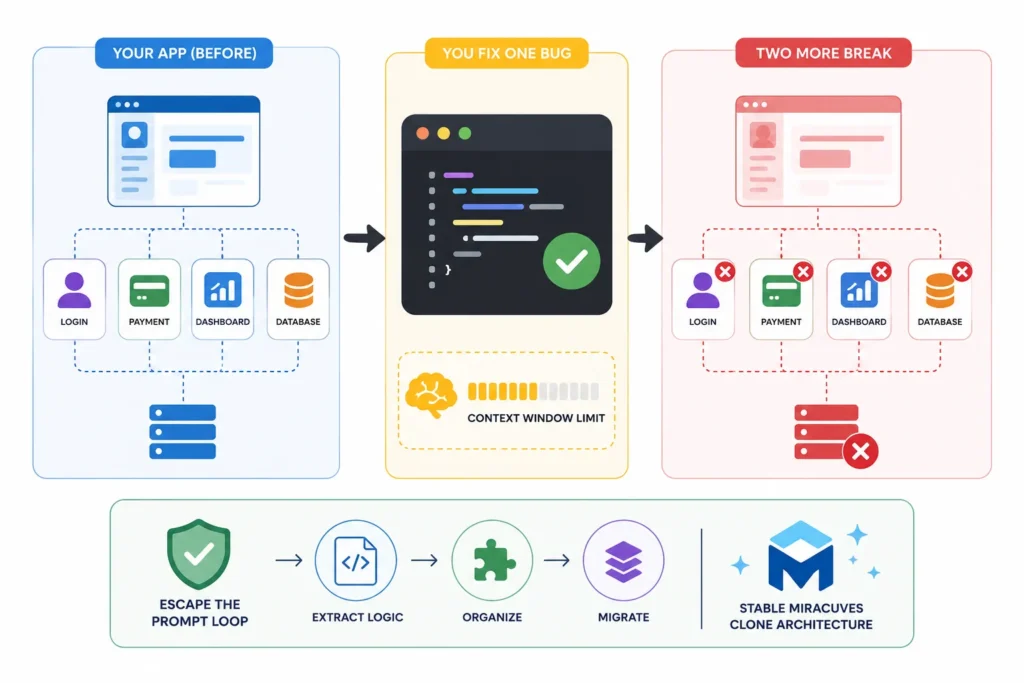 Escaping the Prompt Loop: How to Debug and Extract Logic from Cursor Builds 1 Diagram showing how a Cursor AI bug fix can break connected app features because of limited context window memory