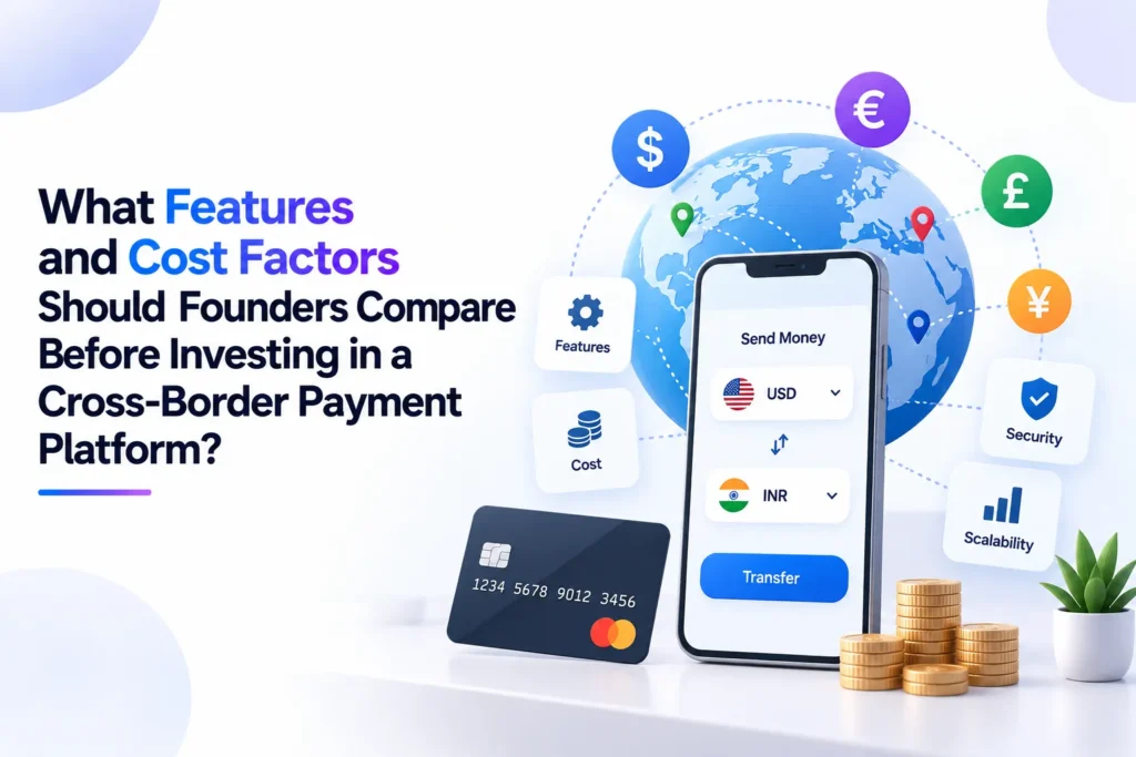 Cross-border payment platform showing key features, cost factors, security, currencies, and scalability for founders