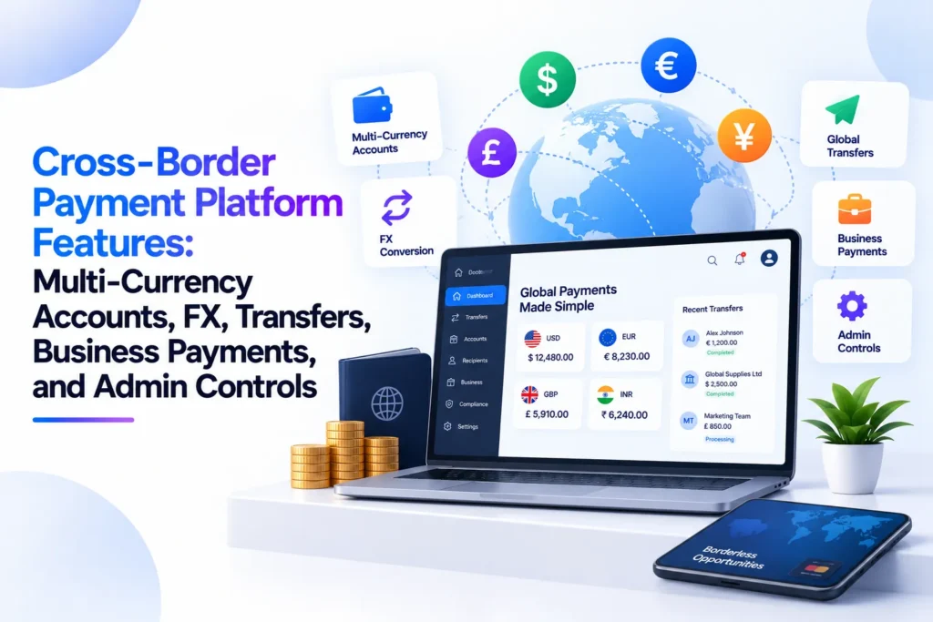 Cross-border payment platform showing payment links, invoices, global collections, currency conversion, and fund usage