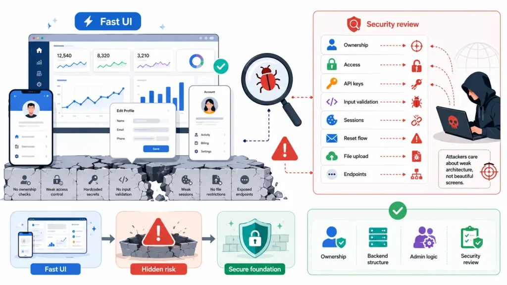 AI app security infographic showing a fast UI with dashboards, mobile screens, user profiles and forms built quickly, but hidden risks underneath such as missing ownership checks, weak access control, hardcoded secrets, exposed endpoints, weak sessions, no input validation, file upload risks and unsafe backend architecture.