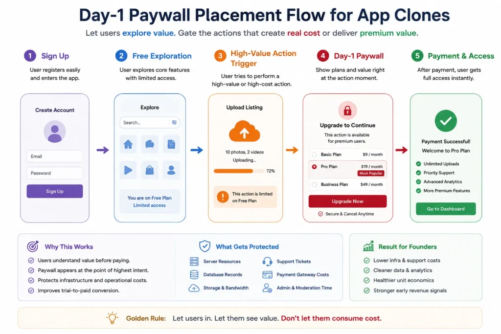 The Freemium Death Spiral: Why Your App Clones Need a Day-1 Paywall 2 Day-1 paywall placement flow showing app clone users moving from signup to free exploration, high-value action, payment gate, and paid access