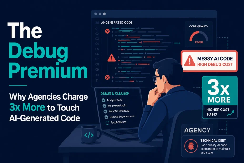 Infographic showing a developer debugging messy AI-generated code, poor code quality, technical debt, cleanup tasks, and agency costs rising up to three times.