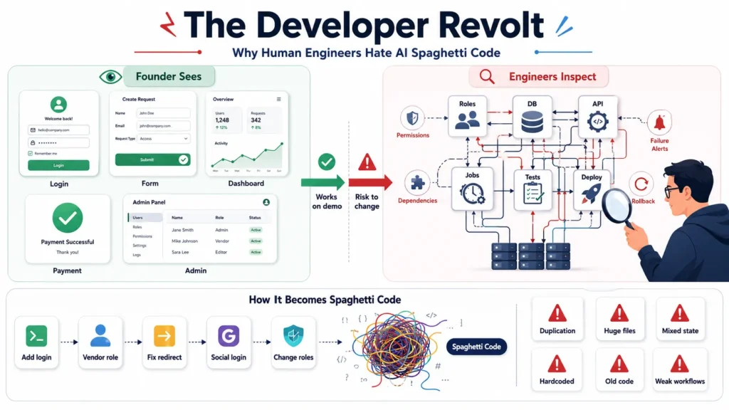 Developer inspecting AI-generated spaghetti code, dependencies, permissions, tests, deployment, and backend workflows