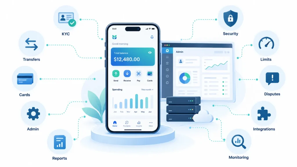 What Mistakes Should Startups Avoid When Launching a Digital Banking Platform? 1 Digital banking platform architecture showing KYC, transfers, cards, admin controls, reports, security, transaction limits, disputes, integrations, and monitoring.