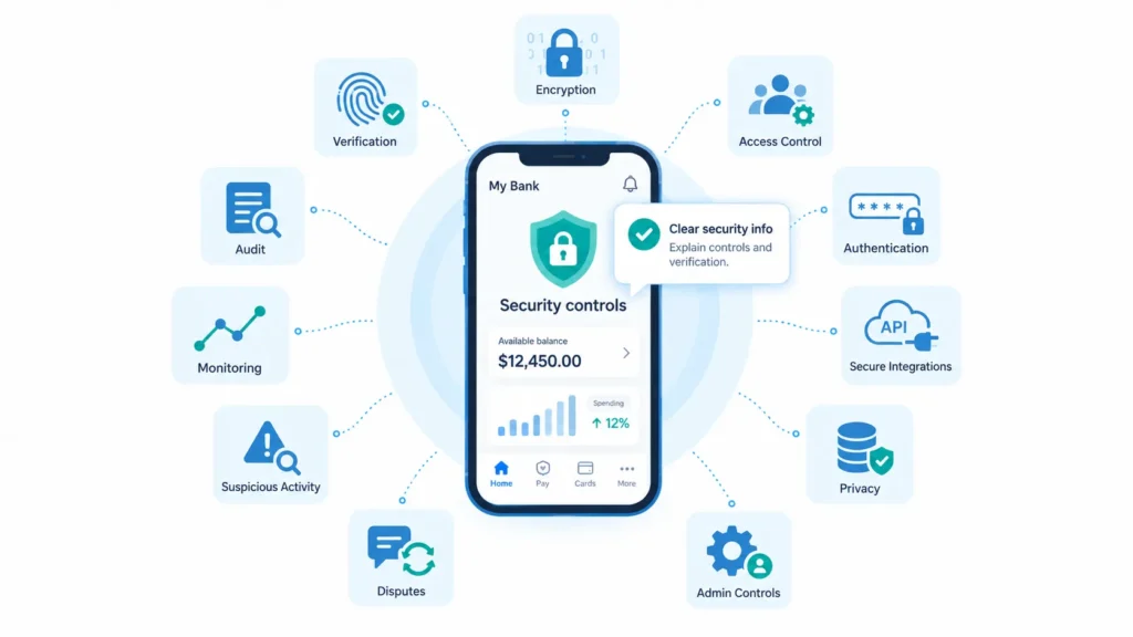 Digital banking security controls showing verification, encryption, authentication, access control, monitoring, suspicious activity detection, privacy, secure APIs, disputes, and admin controls.