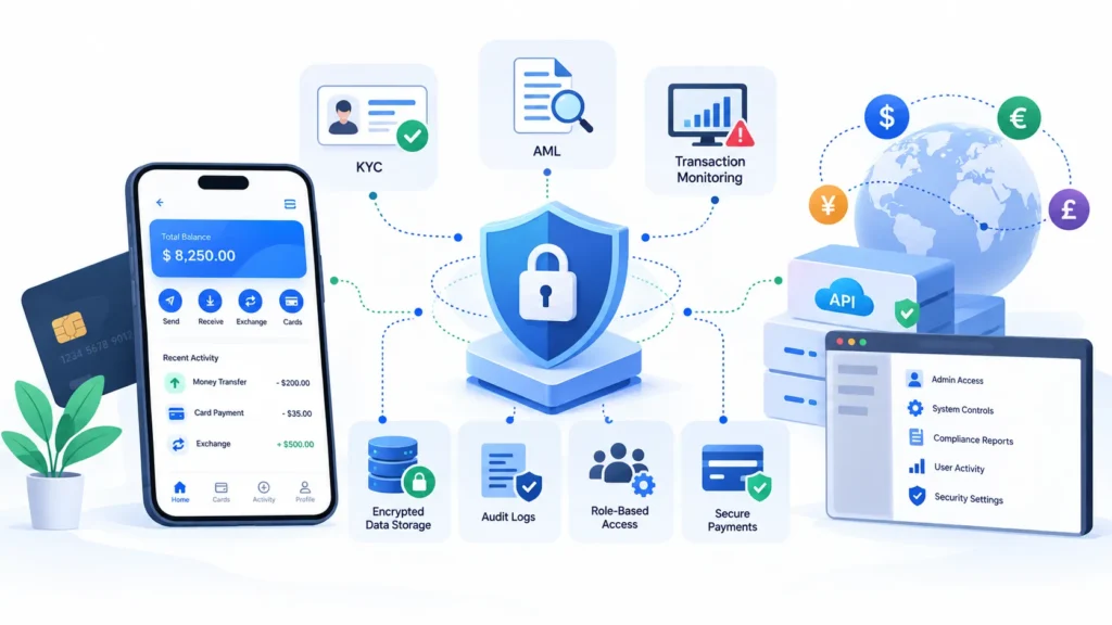 What Is a Digital Banking Platform and How Do Accounts, Cards, Transfers, and FX Work Together? 2 Digital banking security framework showing KYC, AML, transaction monitoring, encrypted data storage, audit logs, role-based access, secure payments, APIs, and admin security controls.