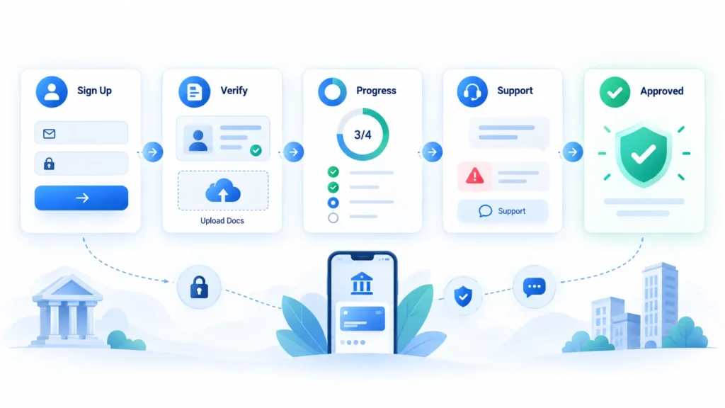 Digital banking onboarding process showing sign-up, identity verification, document upload, application progress, support, and final approval.