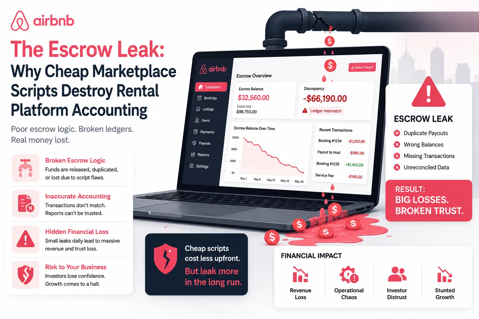 Escrow leak in cheap rental marketplace scripts causing split payout, security deposit, and host commission accounting problems