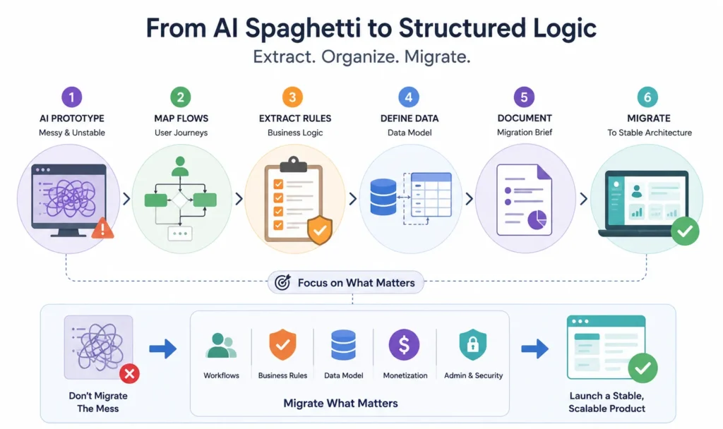 Escaping the Prompt Loop: How to Debug and Extract Logic from Cursor Builds 2 Flowchart showing how to extract business logic, workflows, data models, and monetization rules from a Cursor AI prototype