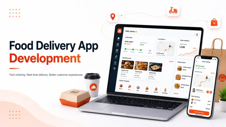 Food delivery app development dashboard with real-time order tracking, restaurant management, delivery analytics, and customer mobile app interface.