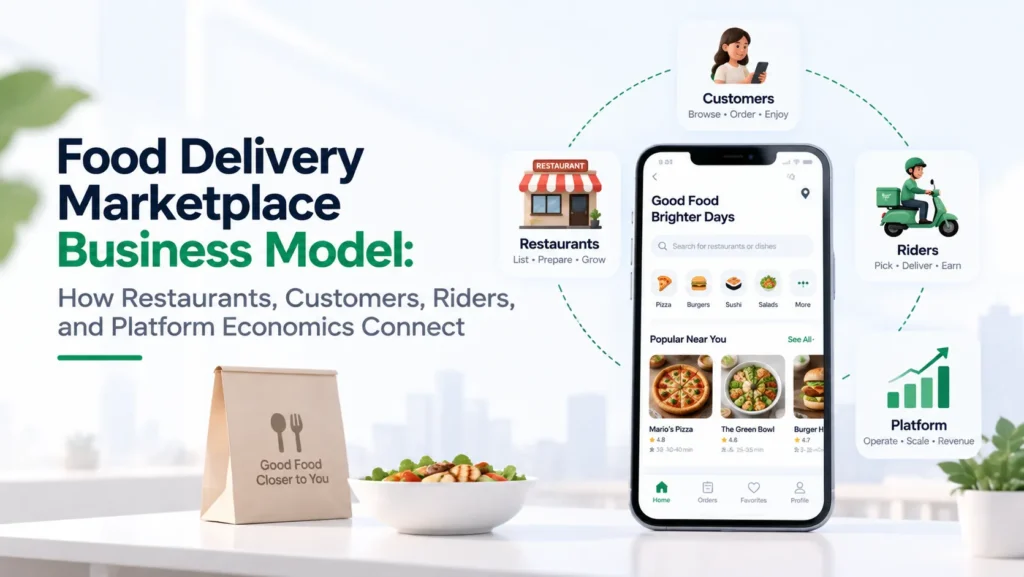 Food Delivery Marketplace Business Model showing how restaurants, customers, riders, and platform operations connect.