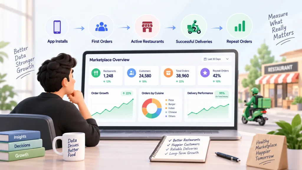 From Restaurant Onboarding to Repeat Orders: Growth Strategy for a Food Delivery Marketplace 2 Growth Strategy for a Food Delivery Marketplace tracking app installs, first orders, active restaurants, successful deliveries, and repeat orders.