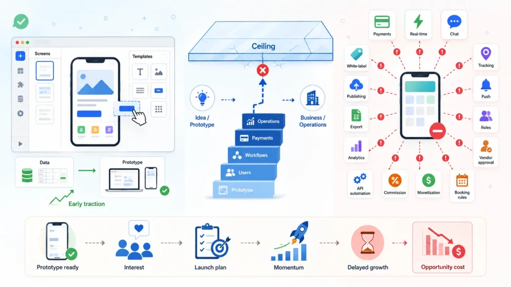Free app builder limitation infographic showing prototype screens, templates, data, early traction and launch plan hitting a ceiling when the app needs operations, payments, workflows, users, business logic, white-label publishing, analytics, API automation, commissions, monetization, bookings, roles, vendor approval, tracking, push notifications and refunds.