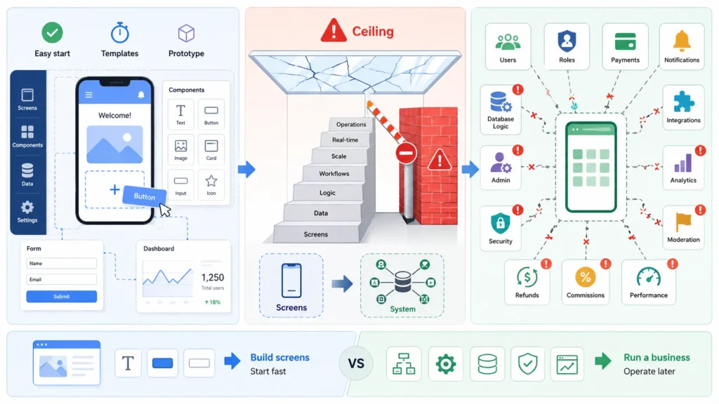 Free app builder limitation infographic showing easy drag-and-drop templates, screens, forms, dashboards and prototypes hitting a feature ceiling, then exposing production gaps such as users, roles, payments, notifications, database logic, admin control, security, integrations, analytics, moderation, refunds, commissions and performance.