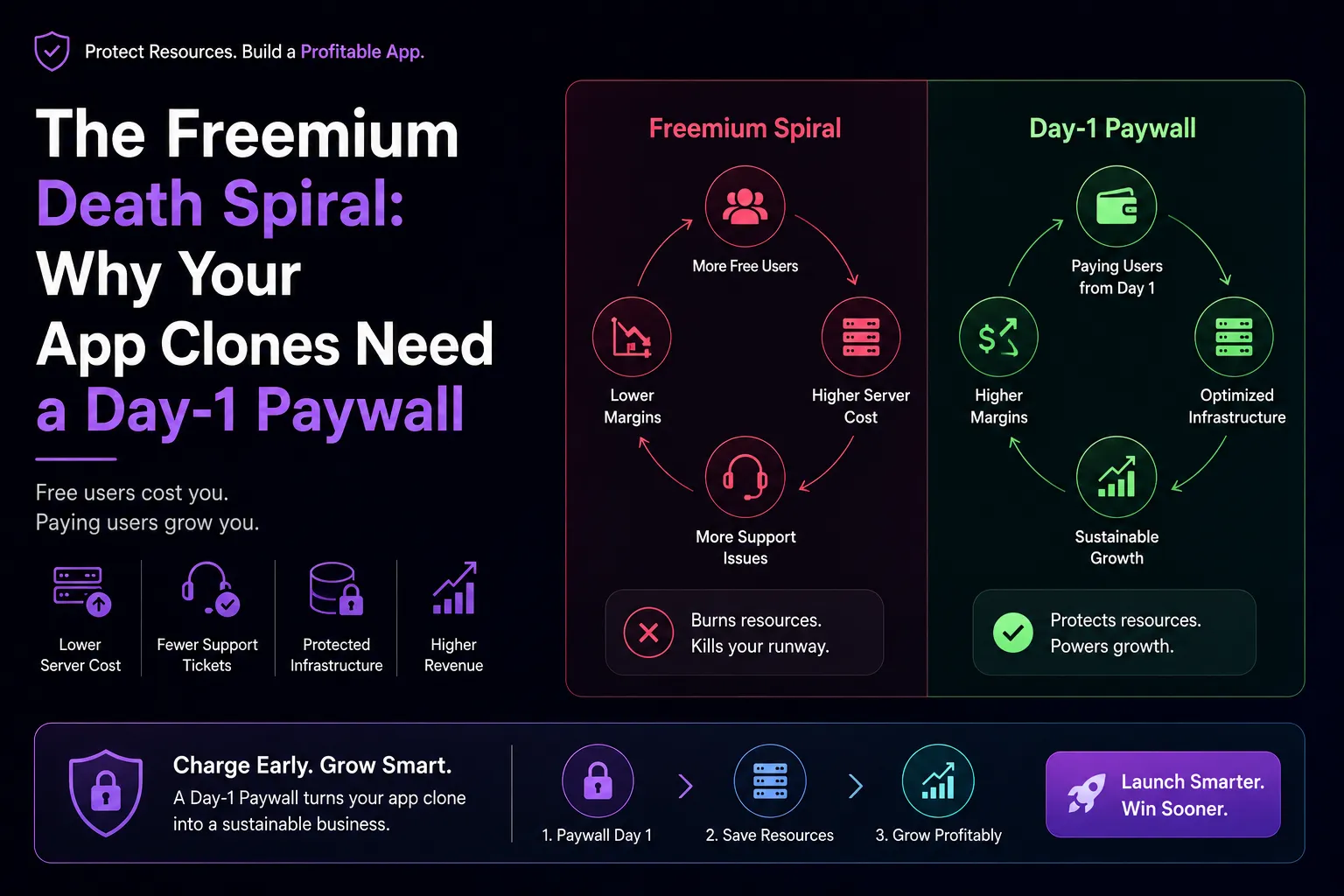 Freemium death spiral showing app clone monetization, database bloat, server costs, and Day-1 paywall strategy