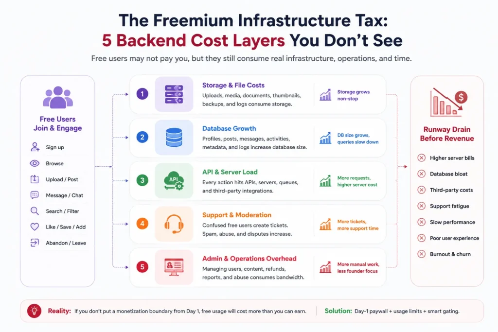 The Freemium Death Spiral: Why Your App Clones Need a Day-1 Paywall 1 Backend infrastructure cost layers showing how free app clone users increase storage, API calls, database records, support tickets, and admin workload