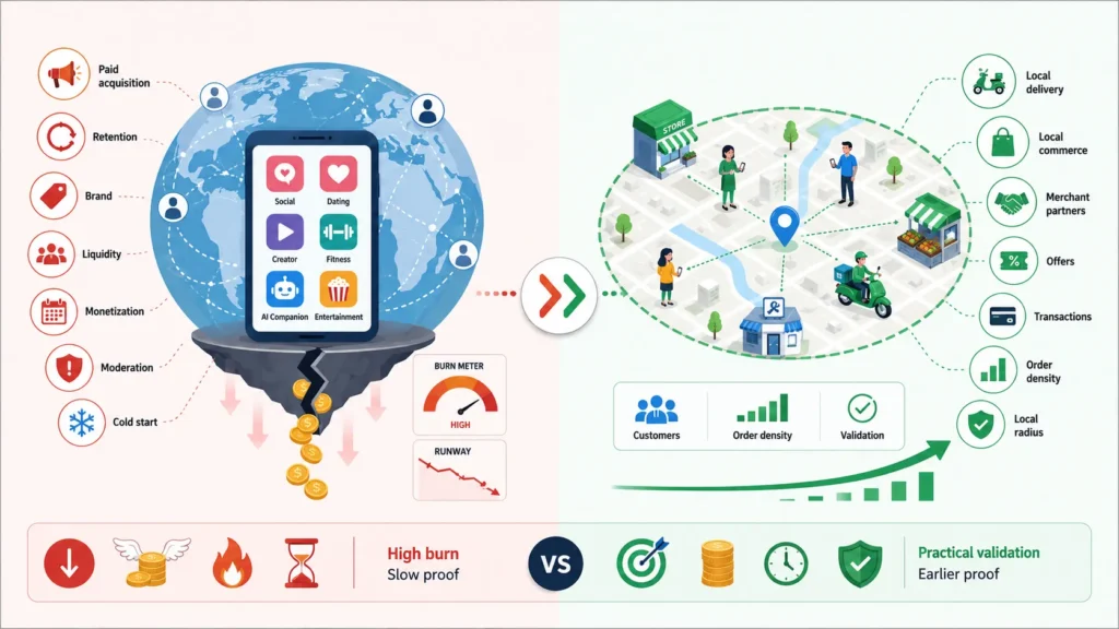 Micro-monopoly localized app infographic comparing global consumer app burn with regional commerce growth, showing paid acquisition, retention, brand cost, liquidity, monetization, moderation, cold start risk, high burn, slow proof, local delivery, local commerce, merchant partners, offers, transactions, order density, local radius and practical validation.