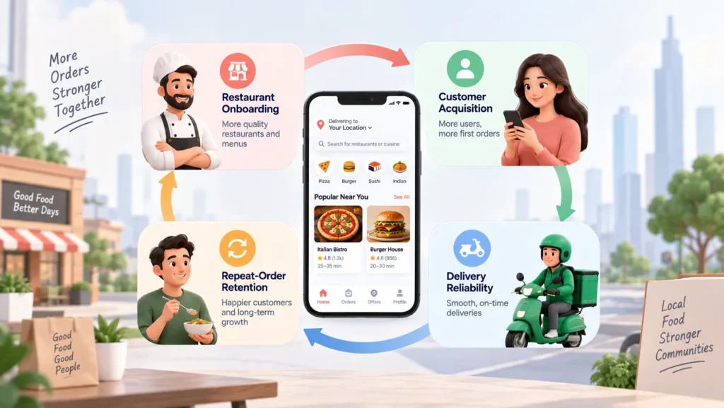 From Restaurant Onboarding to Repeat Orders: Growth Strategy for a Food Delivery Marketplace 1 Growth Strategy for a Food Delivery Marketplace covering restaurant onboarding, customer acquisition, delivery reliability, and repeat orders.