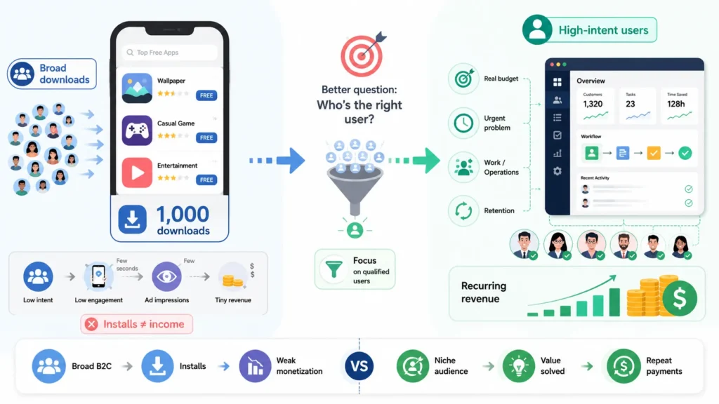 Maximizing High-Intent Yield: Why 1,000 Downloads Can Fund Your Entire Startup 1 App monetization infographic showing broad 1,000 downloads with low intent, low engagement, ad impressions and tiny revenue compared with high-intent qualified users, real budget, urgent problem, work operations, retention, recurring revenue and repeat payments.