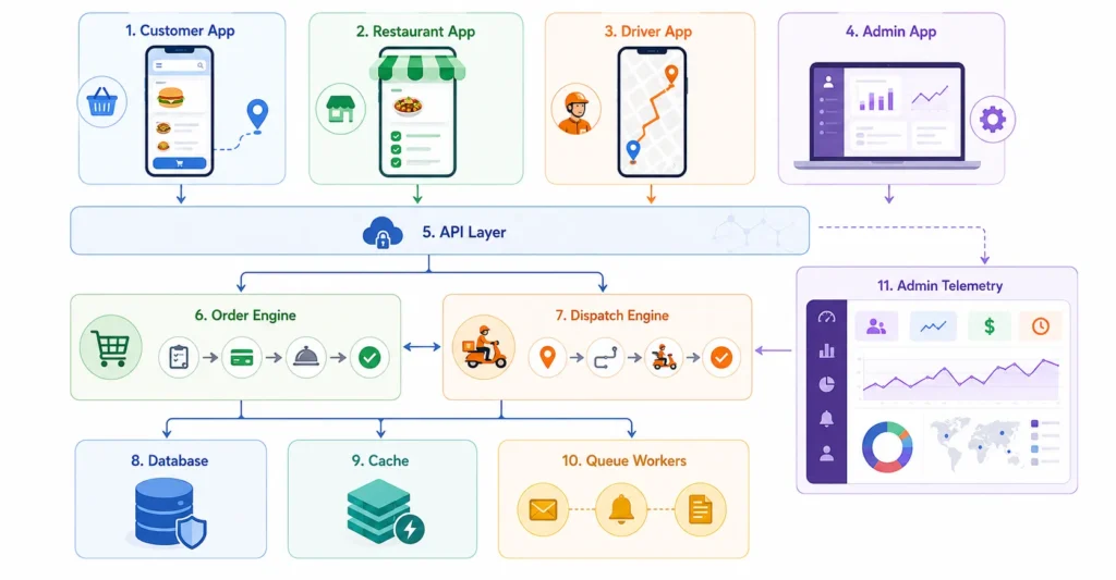 High-Volume Concurrency: Managing 50,000 Active Orders on White-Label Engines 2 Core architecture for high-volume white-label food delivery apps with customer, restaurant, driver, admin, API, order, dispatch, database, cache, and queue layers