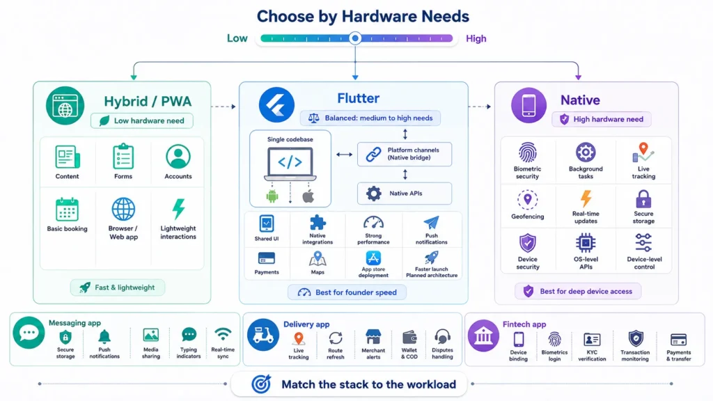 Native Compilation vs. Hybrid Frameworks: The Strategic Choice for Mobility Apps 2 Comparison of Hybrid/PWA, Flutter, and Native app development based on hardware access, performance, and application needs.
