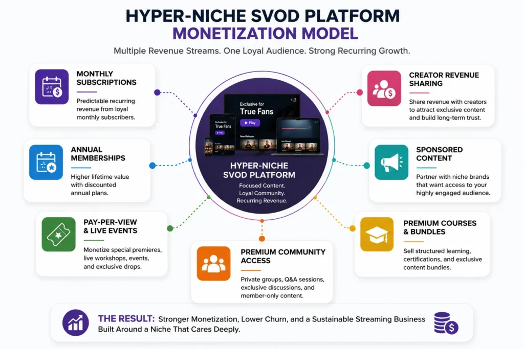 Hyper-niche SVOD platform monetization model with subscriptions and premium content revenue