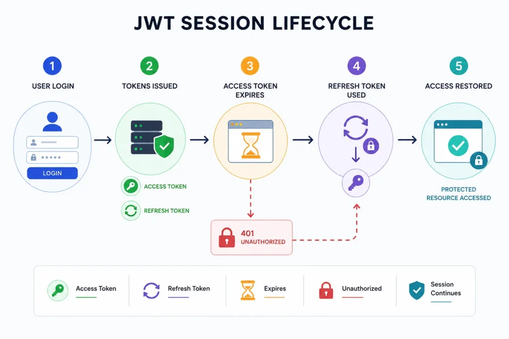 JWT session lifecycle diagram showing login, access token expiry, refresh token flow, and authenticated session renewal in an AI-generated app